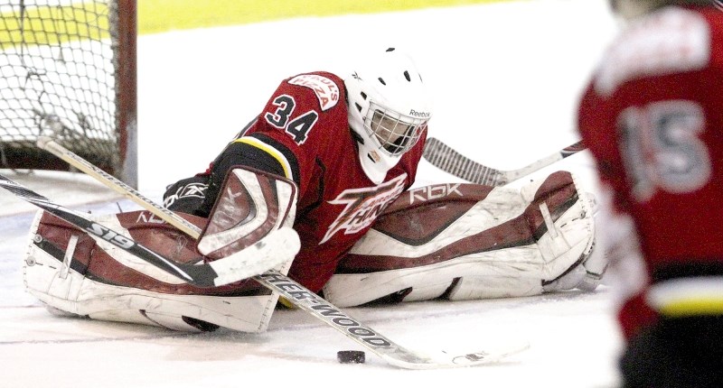 Airdrie Thunder netminder Jeff Gardner took the brunt of the Three Hills Thrashers&#8217; attack, in a 5-4 road loss, Dec. 4.