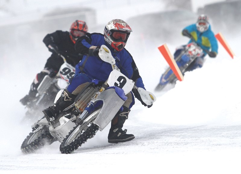 Airdrie&#8217;s Monty Brown leads a pack of bikes during the first round of racing as The Second Gear Club launched its ice racing season in Chestermere, Jan. 16. See story