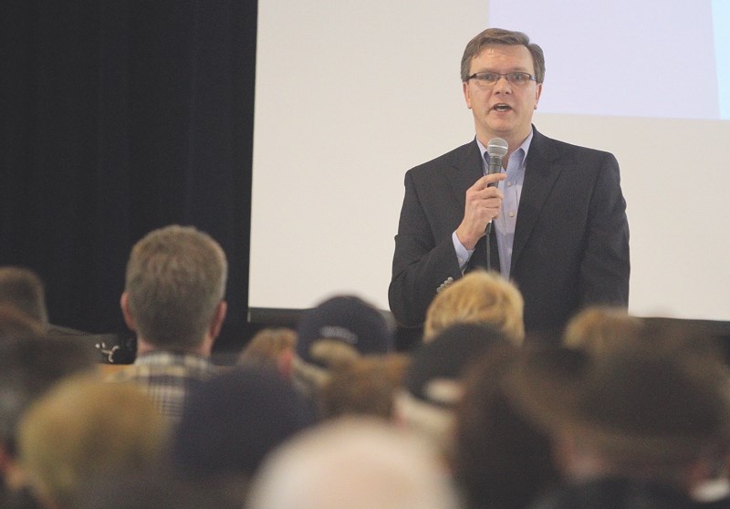 Keith Wilson, an Edmonton-area lawyer and activist, gives his presentation regarding bills 19, 36 and 50 at the Crossfield Community Centre, Jan. 26.