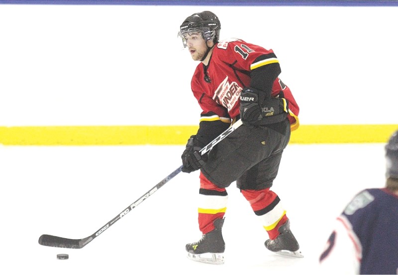 Kristian Petit notched four assists in the Thunder first playoff game, Feb. 22, a 7-5 road loss to the Three Hills Thrashers.