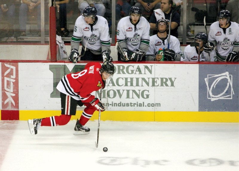 Ty Rattie moves the puck up ice during a regular season game with the Portland Winterhawks. The Airdrie native has 16 points in 16 games during the WHL playoffs for Portland, 