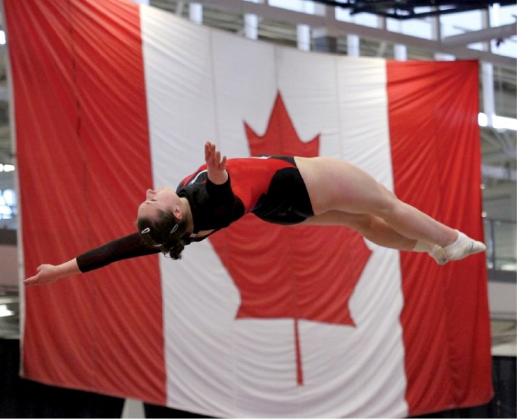 Corissa Boychuk participates in the double mini trampoline category of the Canada Cup competition that was held at Genesis Place in Airdrie July 27-30.