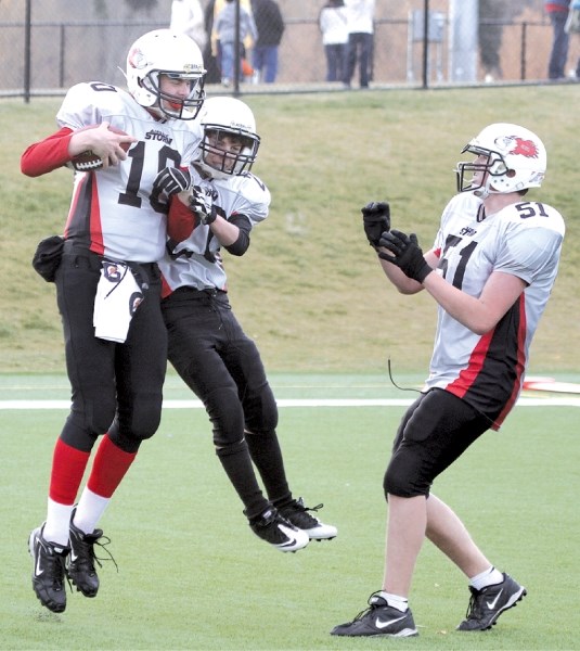 The Airdrie Bantam Storm defeated the Wildcats 55-17, Oct. 22 at Shouldice Athletic Park in Calgary. Quarterback Duncan Little (No. 10) led the team to the post-season