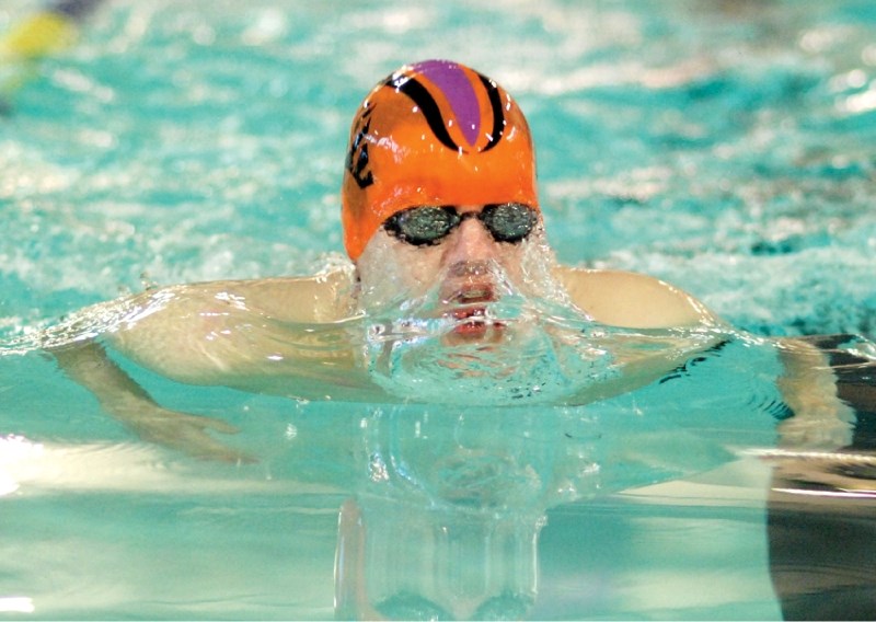 Airdrie&#8217;s Matthew Granley, 15, swims the breast stroke at the John Timmerman&#8217;s Memorial Invitational meet, held at Genesis Place, Feb. 11-12. The meet drew about