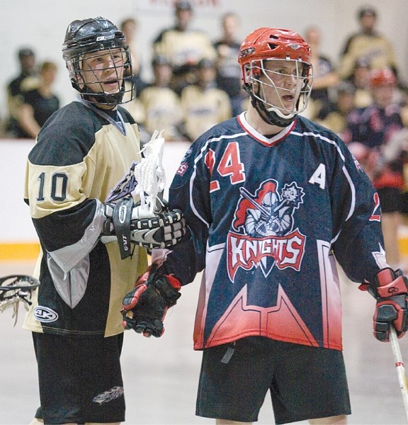 (Above) he Knights&#8217; Rob McGowean (right) is one of seven players remaining with the Rocky Mountain Lacrosse League Senior B Club since it left Airdrie after the 2008