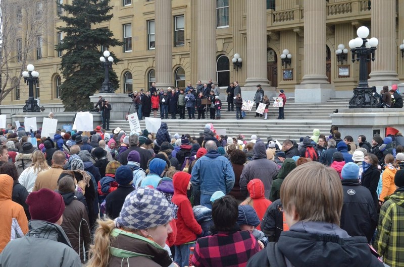 More than 2,000 people attended a rally at the Alberta Legislature in Edmonton to protest Bill 2, the Education Act, March 19. The crowd included several local residents