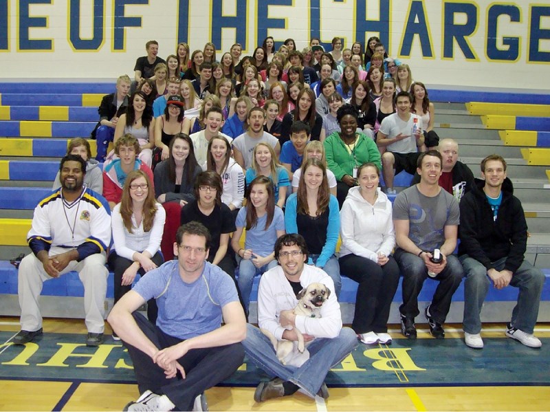 The 63 students and 10 staff members at Bert Church High School who participated in the Wake-a-thon, April 27, pose for a group photo during the event in the school&#8217;s