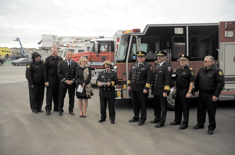 Members of the Airdrie. Chestermere, Cochrane and Rocky View County fire departments came together Oct.2 to announce a safety partnership with all detachments and