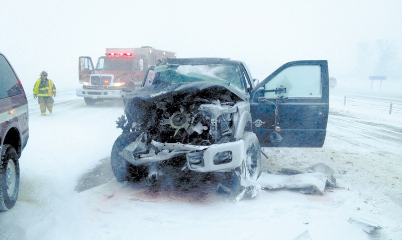 This truck is one of numerous vehicles involved in collisions on Nov. 16 on Highway 2 near Airdrie. Four people were hospitalized as a result of multi-vehicle collisions and