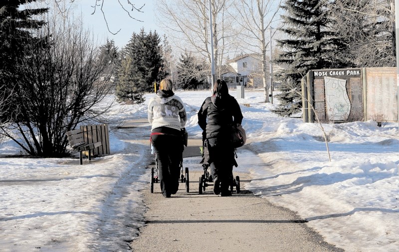 Two Airdrie residents enjoy an afternoon walk in Nose Creek Park on Jan. 20, part of 94 kilometres of pathway that City staff has been working to keep safe during recent
