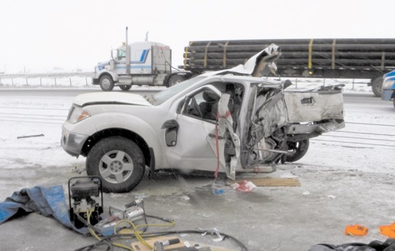 This Nissan Frontier collided with an oncoming semi-truck on Highway 2 north of Airdrie on Jan. 29. The driver of truck later died in hospital.