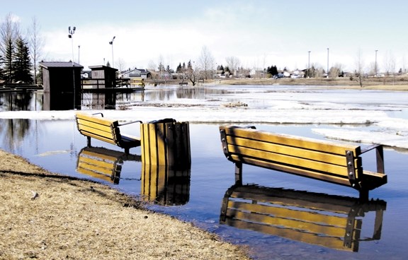 Benches and a garbage can in Nose Creek Park sit partially submerged after melting and run-off caused high water levels at the park on April 9.