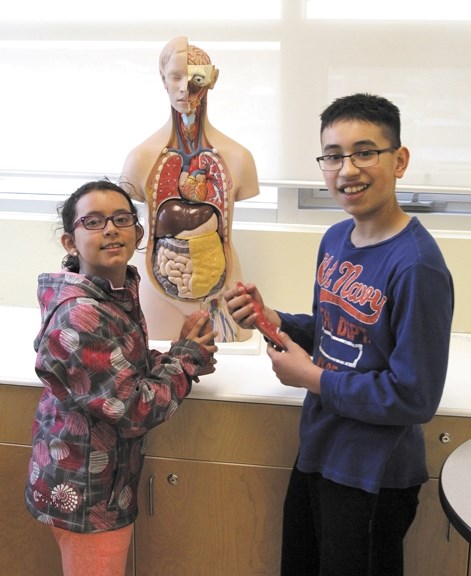 Sister and brother Nicollette and Matthew Aranjo check out the science lab during an open house of the newly opened Ecole Francophone d&#8217;Airdrie on April 24.