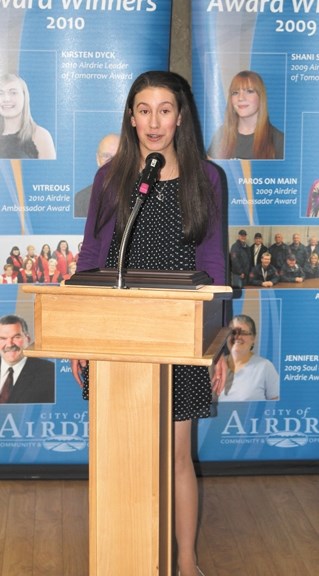 Fifteen-year-old Elena Mitevska accepts her Leader of Tomorrow award at the 12th annual Airdrie Volunteer Awards on May 6 at the Town and Country Centre.
