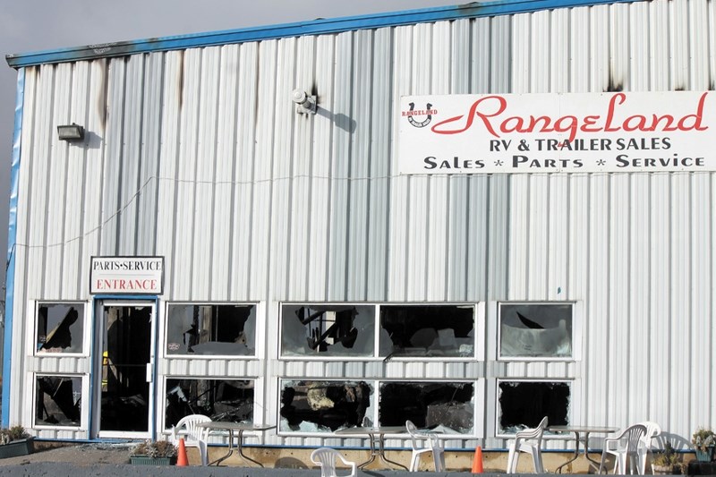 The results of a major fire at Rangeland RV on Oct. 16 can be seen through the blown out windows of the service building.