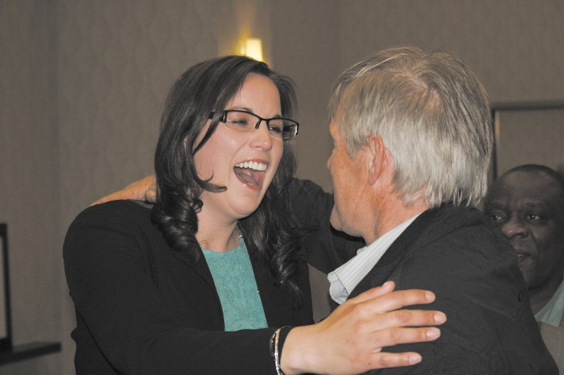 Angela Pitt reacts to winning the Airdrie riding in the provincial election on May 5. Pitt took 35.13 per cent of the total vote in the Airdrie riding, winning back the seat