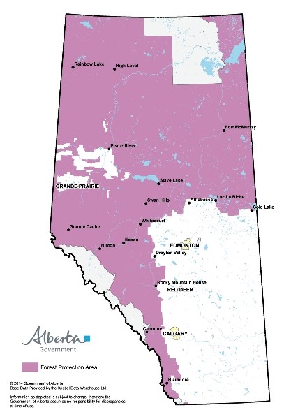 Alberta&#8217;s Forest Protection Area &#8211; seen here in pink &#8211; is currently under a fire ban as dry windy weather has provided ideal conditions for wildfires.