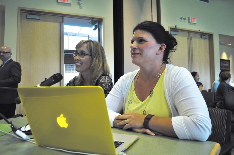 (Left) Sara Chamberlain and Erin Quiring (right) were among the parents who raised concerns with attendance areas proposed by Rocky View Schools during a special board