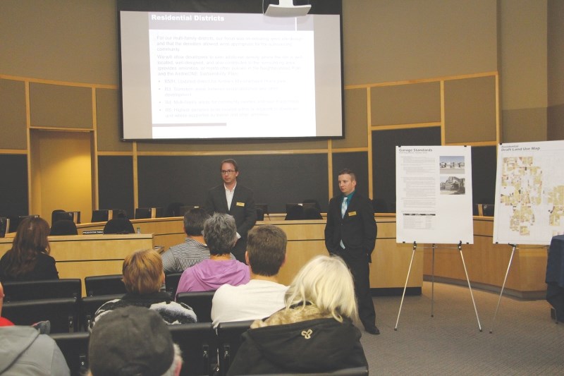 City planners William Czaban and Stephen Utz presented information about the proposed changes to the City of Airdrie&#8217;s Land Use Bylaw at an open house at City Hall on