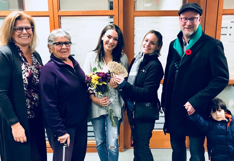 The first Anne Beaty Memorial Scholarship was presented to an Airdrie student Nov. 9 at TD Canada Trust on Main Street. (From left) Sherry Shaw-Froggatt, airdrielife magazine 