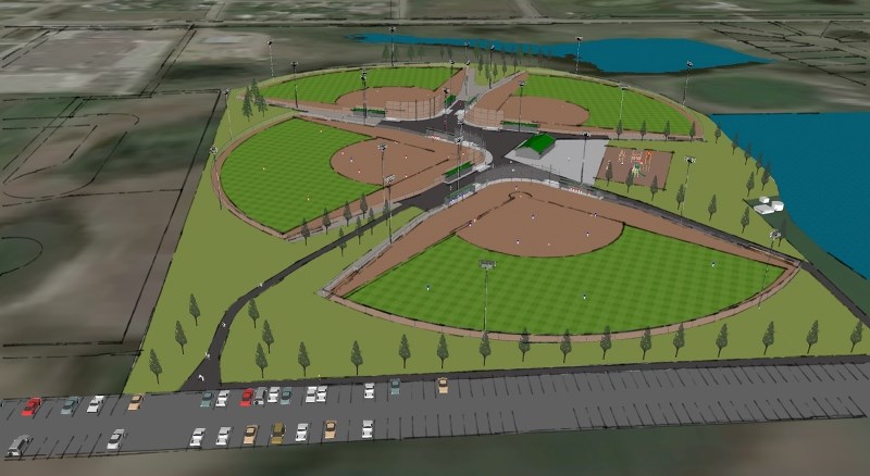 A 3D rendering of the planned Langdon Community Campus, including the quad baseball diamond project. The project is currently in the fundraising stage.
