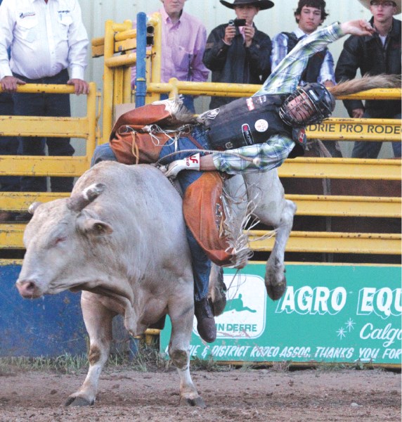 Skylar McBride of Madden gets bucked off Fringe Benefits, June 29. This year, the bulls had their way with the cowboys, with 23 successful rides and 28 buck offs.
