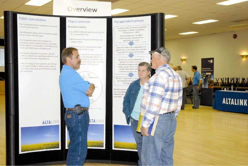 The Longeways (right), who are against the Western Transmission line being located on their property, attended the AltaLink open house at Crossfield Community Centre, Aug. 18.