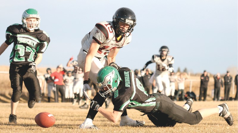 Springbank defender Erik Moore knocked down a pass in the endzone intended for Foothills receiver Taylor Smith. However, the Falcons went on to win the provincial playoff