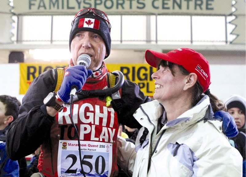 Cochrane&#8217;s Marathon Man, Martin Parnell, completed his 250th and final marathon of 2010 at the Spray Lakes Recreation Centre in Cochrane, Dec. 31, and has raised about
