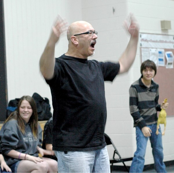 Crash Test Dummies&#8217; drummer Mitch Dorge speaks to George McDougall High School, May 17. The presentation was the second in as many weeks on the perils of substance