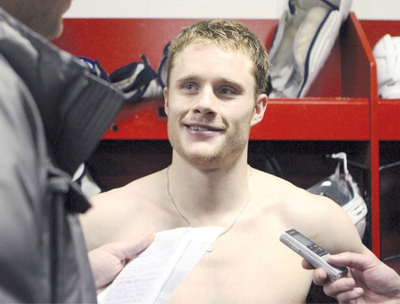 Airdrie&#8217;s Dana Tyrell speaks to reporters following a regular season game earlier this year. Tyrell and his Tampa Bay Lightning advanced to the Easter Conference final