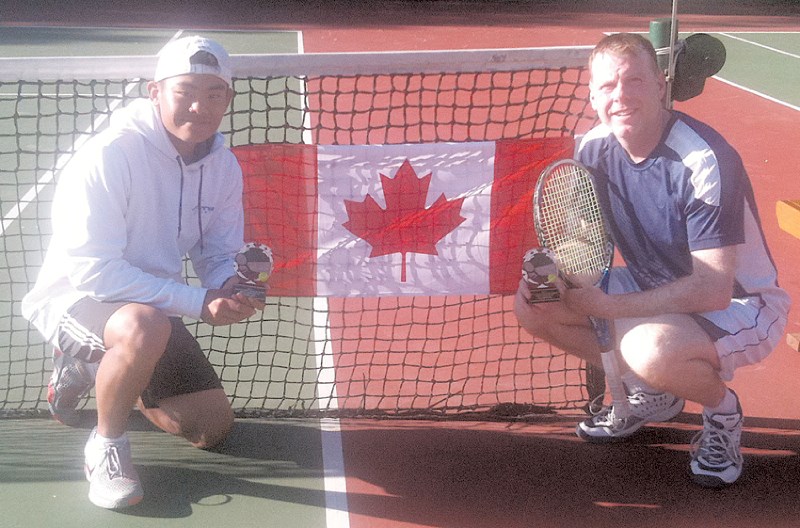 Airdrie and District Tennis Association president Chris Simnett (right) and Calgary&#8217;s Sidney Yap faced each other in the final match at the Canada Day Classic tourney