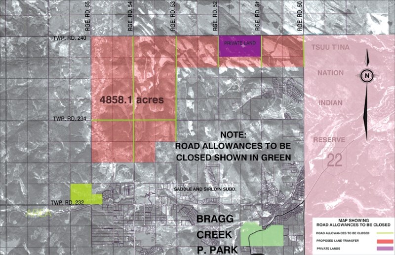 The Province recently released a map detailing lands and roads involved in the 2009 failed land swap with the Tsuu T&#8217;ina Nation. Those lands, north of Bragg Creek, will 