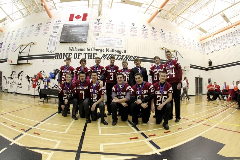 Members of the Cochrane Cobras accepted their Provincial Silver Medals at the Rocky View Sports Association football banquet held at George McDougall High School in Airdrie,