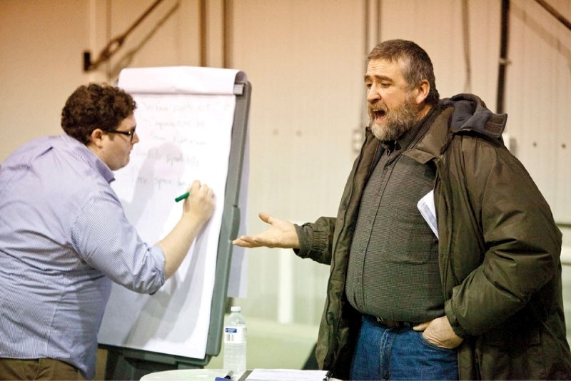 Red Deer County resident Glenn Norman voices his displeasure with the government&#8217;s four land bills at the Property Rights Task Force open house, hosted in Olds, Jan. 11.