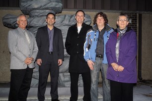 (From left) Crossfield Councillor Garry Richardson, Wild Rose MP Blake Richards and Crossfield councillors Jason Harvey, James Ginter and Jo Tennant stand outside the