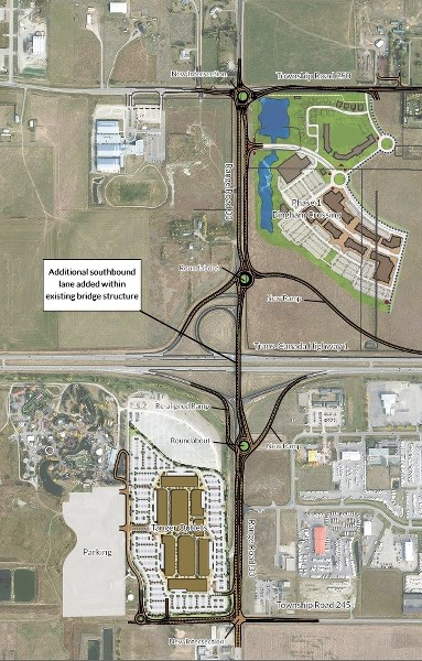 The rendering shows the transportation upgrades the developers of two commerical projects in Springbank are prosing for Range Rd 33, Highway 1 and two nearby township roads.