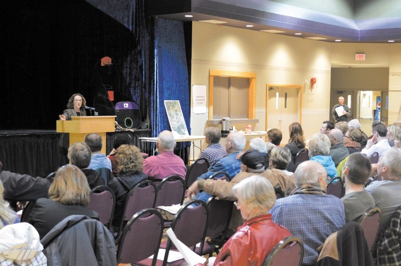 Bragg Creek area Councillor Liz Breakey speaks to a crowd of 75 local residents that attended the town hall meeting at the Bragg Creek Community Centre on Jan. 16.