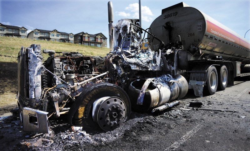 Cochrane firefighters responded to a fire that destroyed the cab of this tanker truck on Highway 22 north of Cochrane on May 24. No one was injured and the fuel tanks were
