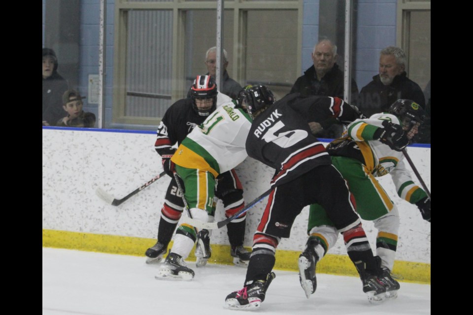Hardhitting game five playoff match between the Okotoks U16 Tier 1 Oilers and the Airdrie Lightning on March 23 at Genesis Place. The Lightning ultimately fell 4-2 and were eliminated from contention.