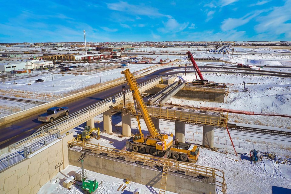 Progress on the 40th Avenue interchange construction project is pictured in Airdrie via drone photography provided by Rockyview Aerials.