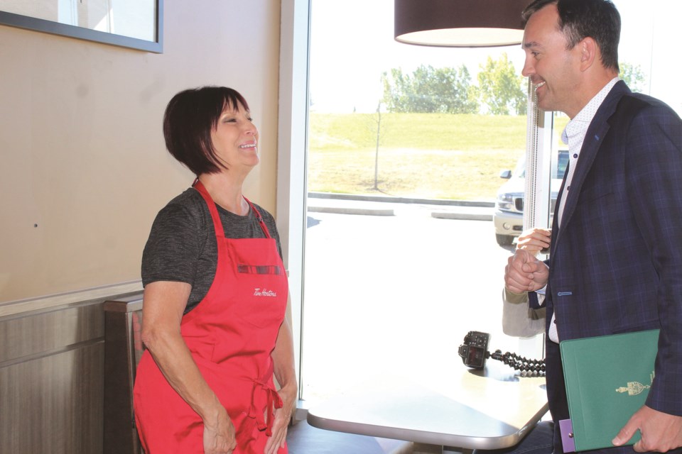 Airdrie volunteer Wendy Contant received the Queen's Platinum Jubilee Award, presented by Airdrie-Banff MP in a surprise display at Tim Hortons on Veterans Blvd on Sept. 21.