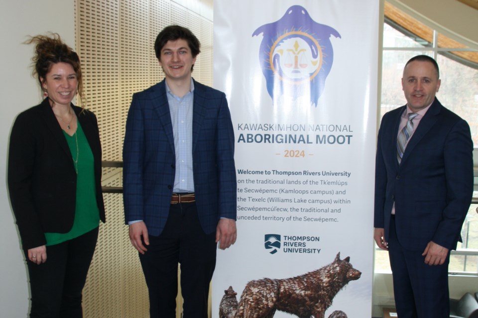 Coach Chrystie Stewart, law student Henry Wearmouth, and Coach Murray Sholty at the 2024 Kawaskimhon National Aboriginal Moot on March 8 and 9 in Kamloops.