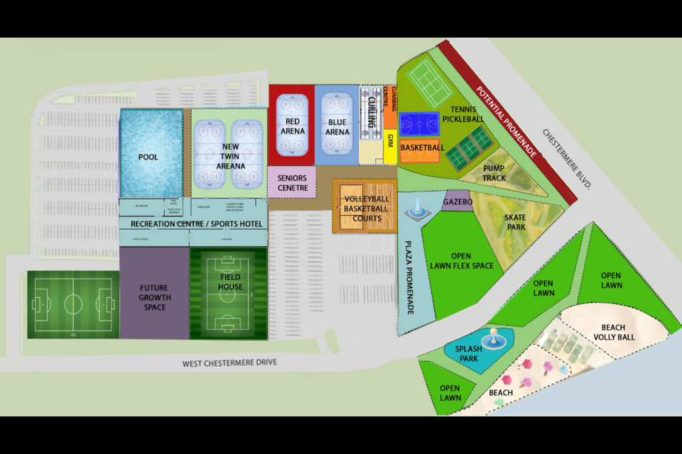 The City of Chestermere have released two concepts for the redesign of the Chestermere Recreation Centre and Park. Pictured is the first design concept.