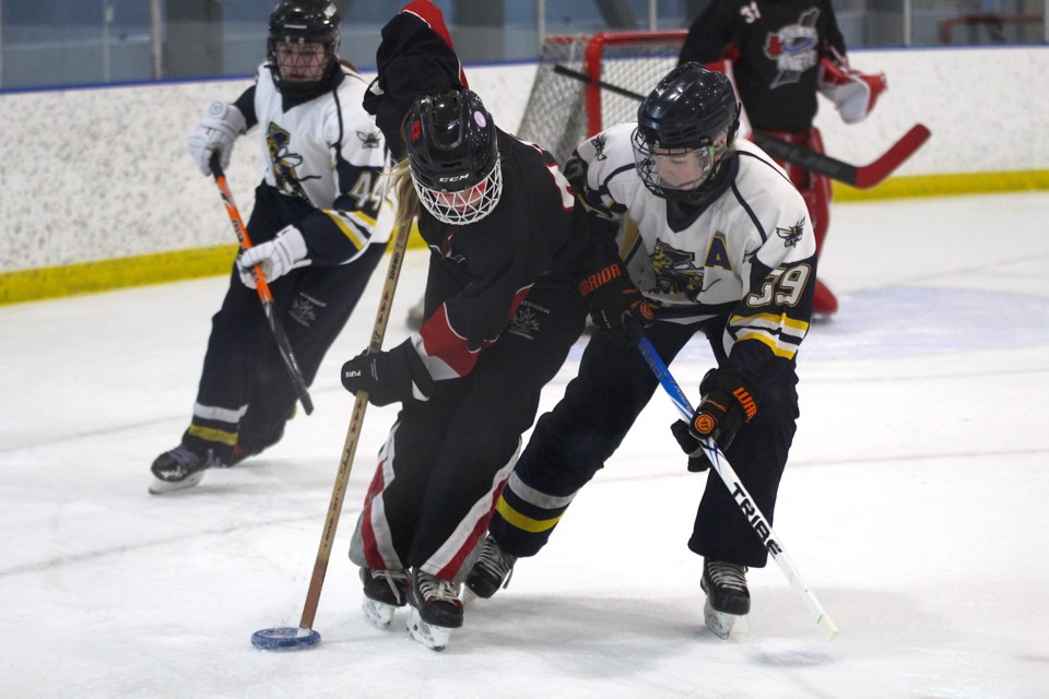 The Airdrie U16A and U19A teams hosted the Ringette provincials March 3-5 at Genesis Place. Pictured: Airdrie U16A Rampage take on the St. Albert Mission Saturday afternoon in the provincials.