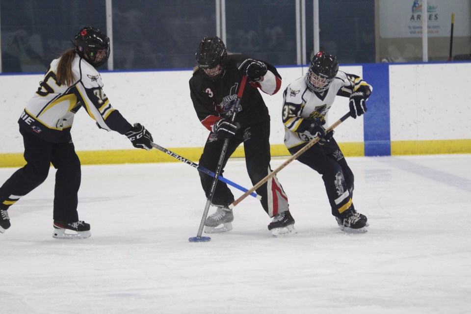 The Airdrie Ringette Association is hosting its Ring of Fire tournament in the city this weekend. Pictured: Airdrie Sting take on St. Alberta Mission at Genesis Place Recreation Centre on Nov. 11.