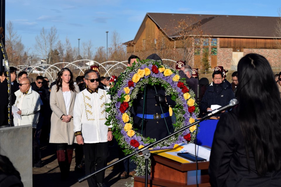 A wreath laying ceremony was held in Nose Creek Park on Dec. 30 at the Jose Rizal monument to mark the occasion, with the Philippines Consul General Zaldy Patron, Banff-Airdrie MP Blake Richards, and Airdrie Deputy Mayor Tina Petrow in attendance.
