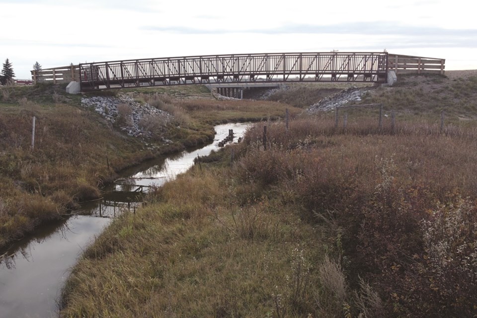 The Beiseker trailhead of the Meadowlark Trail is pictured above the Crossfield Creek on Oct. 9. 