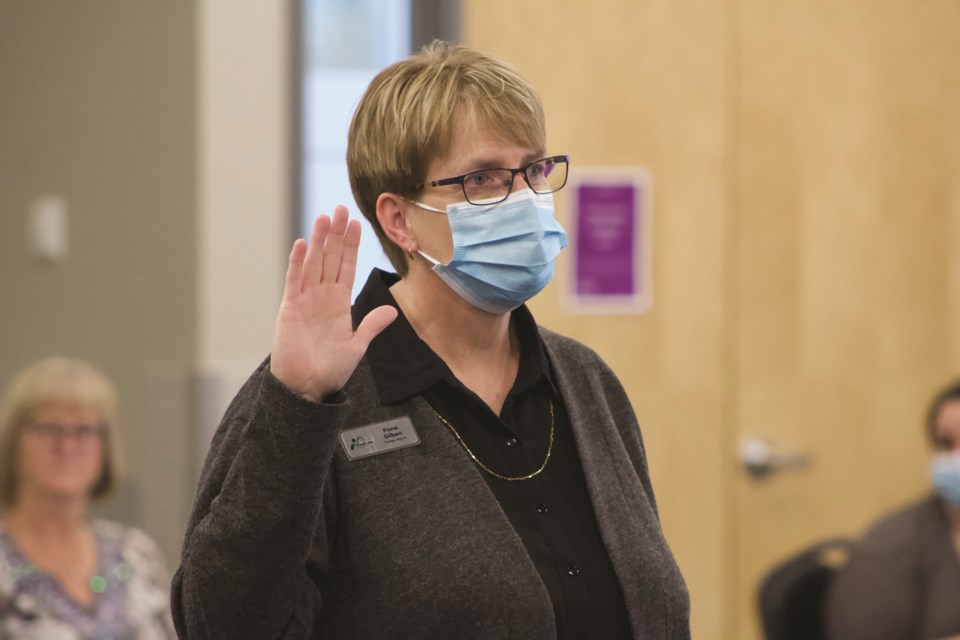 Fiona Gilbert swears an oath of office at a public ceremony where she was officially elected trustee and board chair at Genesis Place Recreation Centre on Oct. 28. Photo submitted/For Airdrie City View