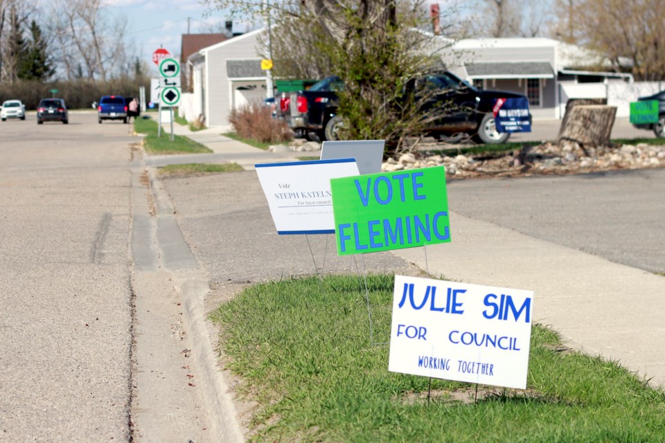 Campaign signs along the road in Irricana ahead of the May 17, 2022 election.